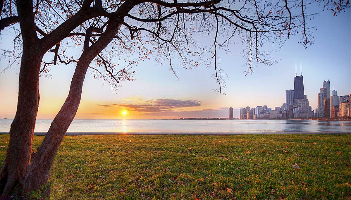 Sunset view of Lake Michigan looking at Chicago skyline